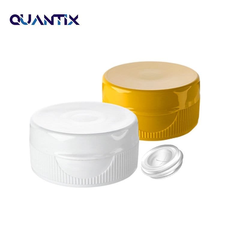 White and yellow plastic container caps for packaging and sealing products, showcasing high-quality manufacturing and durable design for efficient product preservation.