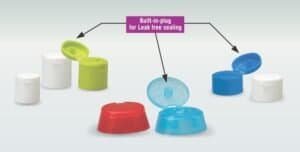 Compact pharmaceutical cap with built-in plug for leak-free sealing, available in multiple colours for secure medication packaging.
