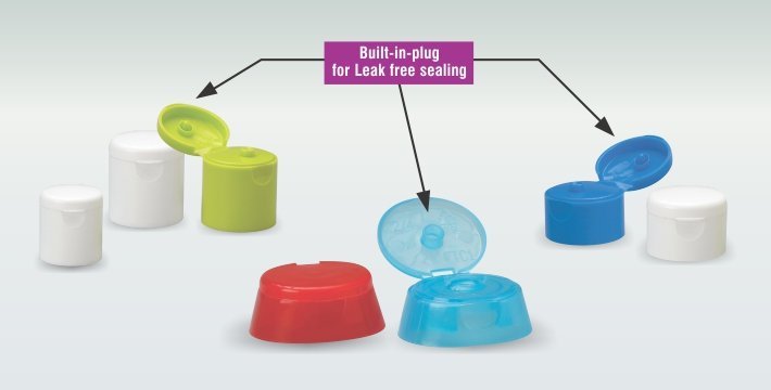 Compact pharmaceutical cap with built-in plug for leak-free sealing, available in multiple colours for secure medication packaging.