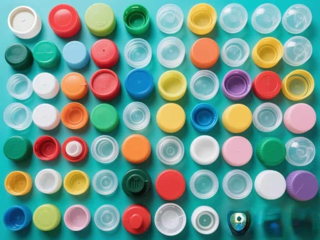 Capsule lids in various colours, arranged on a teal background, showcasing plastic packaging solutions. Suitable for retail, consumer goods, or pharmaceutical branding and packaging contexts.