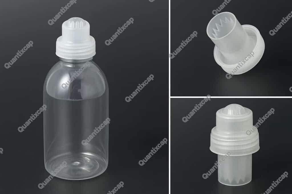 Clear plastic sample bottle with a white twist cap and a dropper top for laboratory or medical use, shown against a dark background.