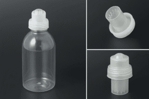 Clear PET plastic bottle with a white screw cap, used for pharmaceuticals or cosmetics, showcased in different angles including opening and cap close-up.