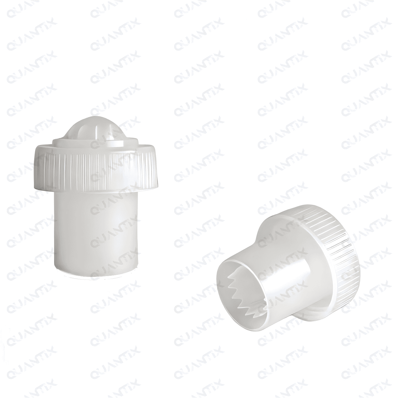 1. White plastic pill splitter caps with ridged grip for safe medication division.