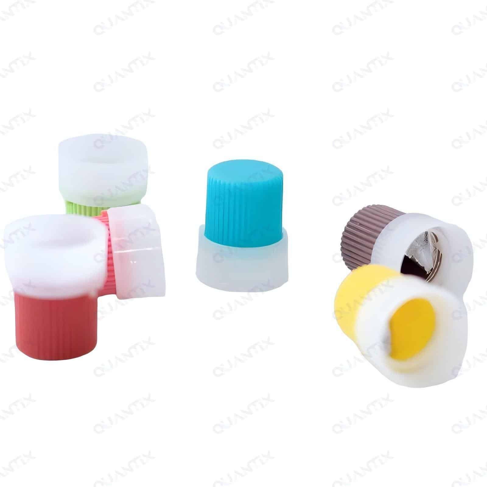 Disposable contact lens cases with colorful caps, including blue, pink, yellow, white, and gray, used for proper lens storage and hygiene.
