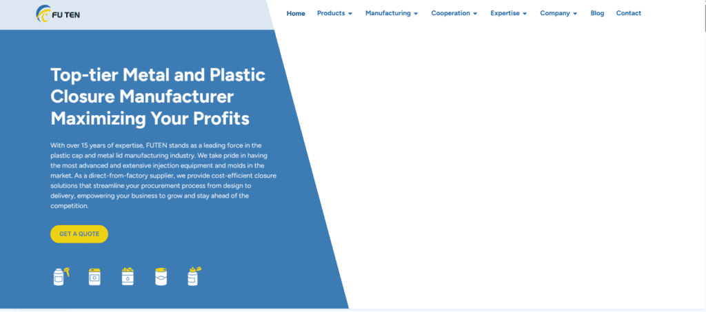 High-quality metal and plastic closure manufacturing process at FUTEN, leading industry supplier with advanced injection equipment for maximizing profits.