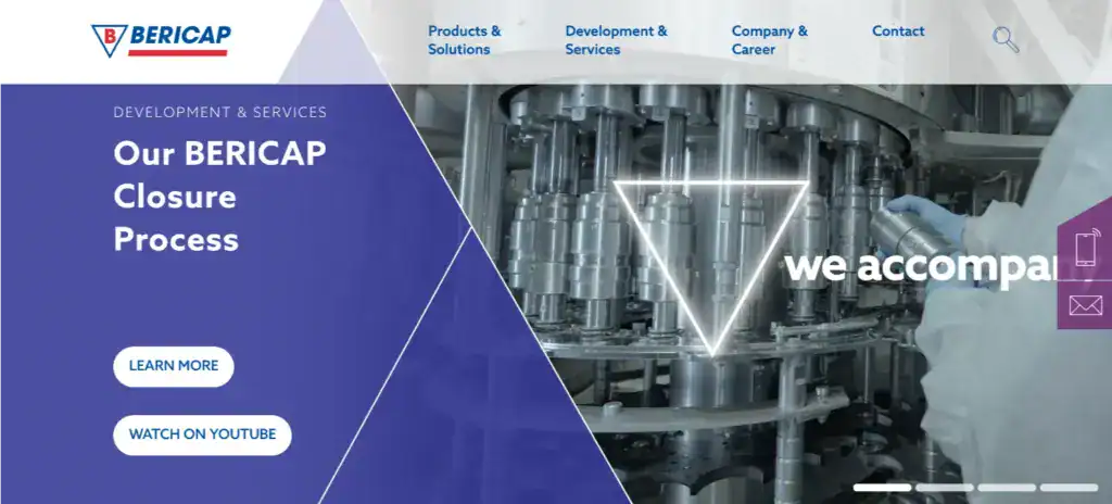 Industrial manufacturing machinery for pharmaceutical closures at BERICAP, showcasing advanced condensation and sealing processes for packaging solutions.