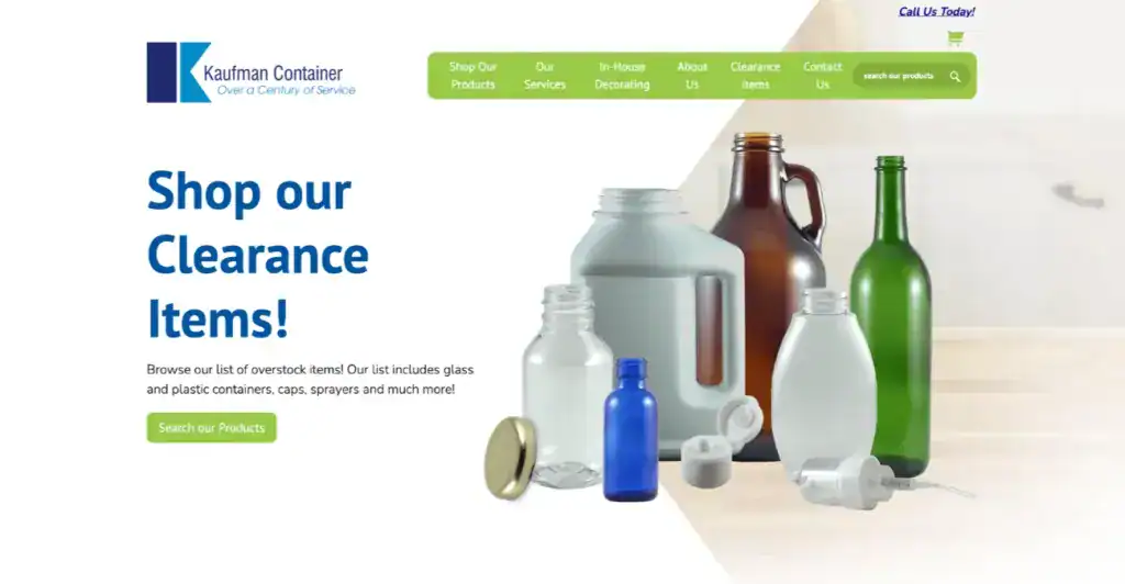 1. Assorted glass and plastic containers, bottles, caps, and spray nozzles featured on Kauflman Container's clearance items page for recycling and eco-friendly packaging solutions.