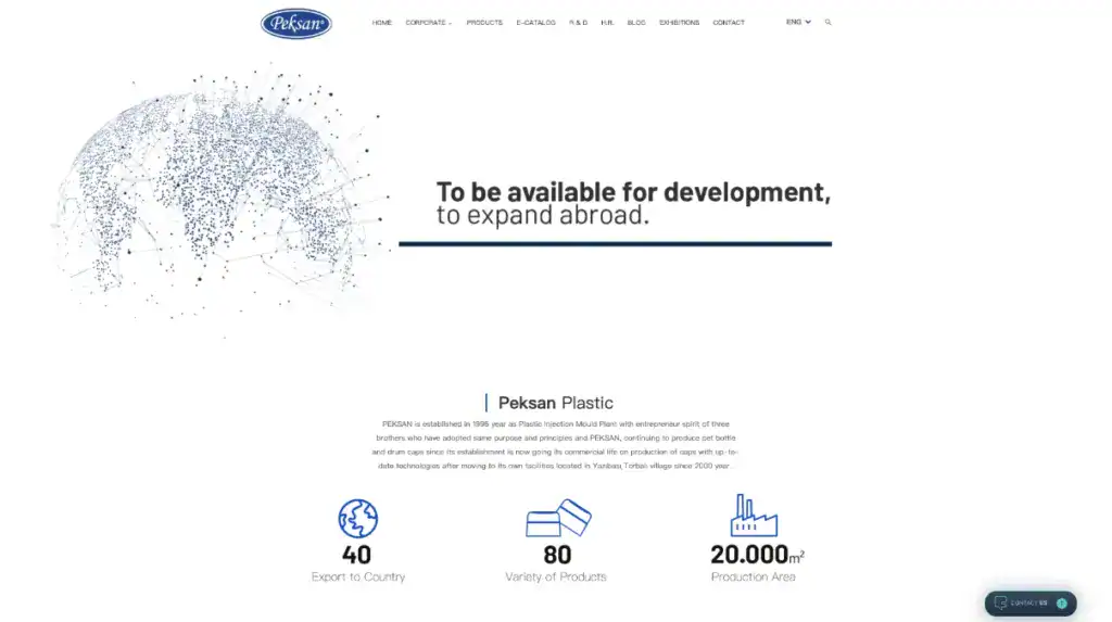 PEKSAN Plastic manufacturing company specializing in plastic injection molding with 40 export countries, offering 80 product varieties, and operating 20,000m² production facilities for global development.