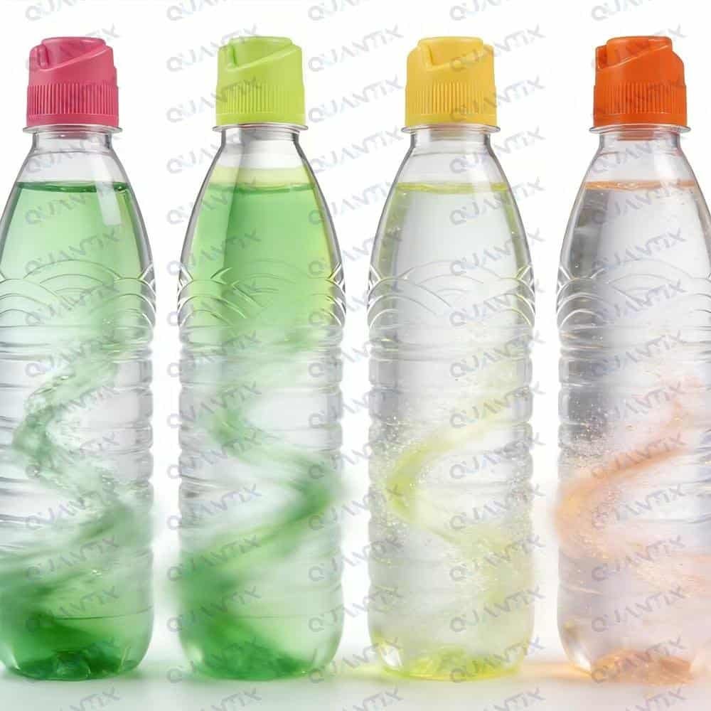 Plastic bottles with twist-to-activate caps in pink, green, yellow, and orange, showcasing innovative packaging closure.
