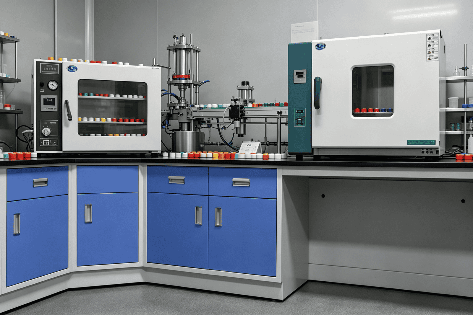 An advanced laboratory setup featuring automated analyzers and precision instruments for chemical testing and research.