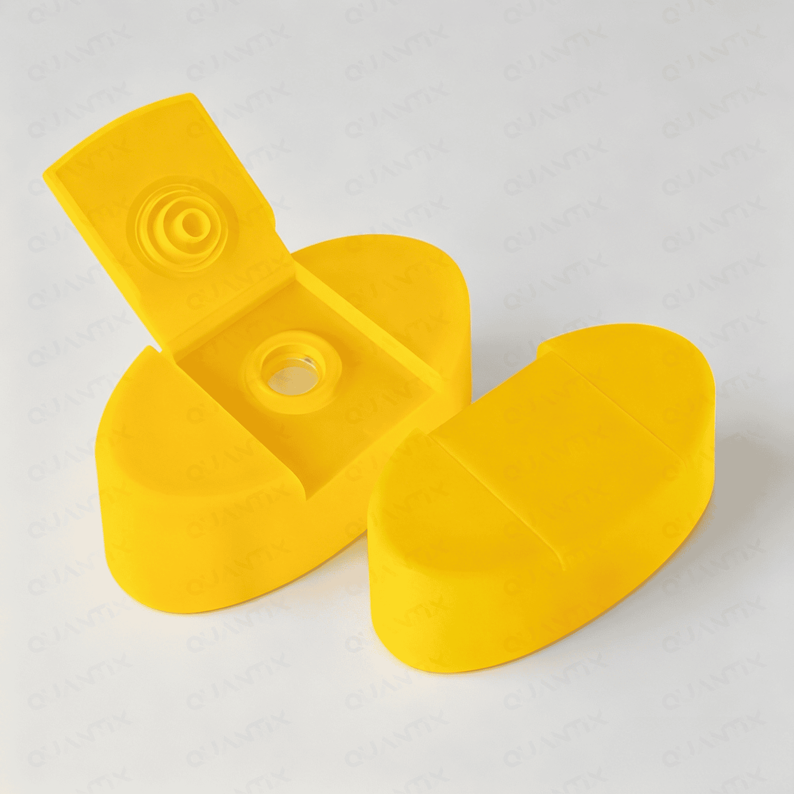 Bright yellow flip top cap designed for bottles, featuring a secure hinge and easy-open mechanism, ideal for packaging liquids and pharmaceuticals.