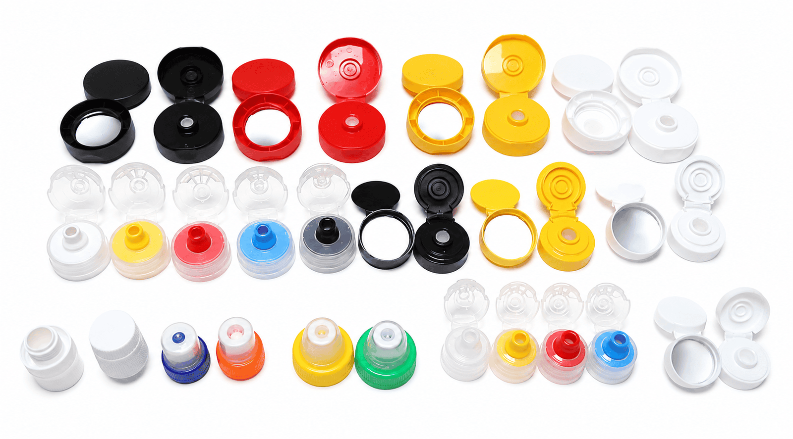 Collection of colorful plastic caps in black, red, yellow, white, blue, green, and transparent, used for bottles and containers.