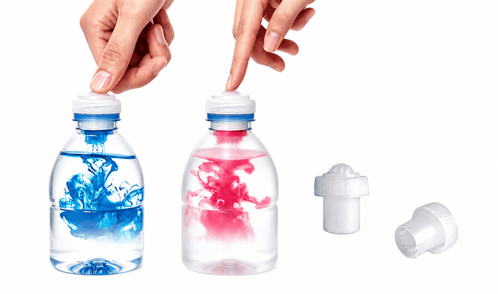 Hands opening two small bottles with colored liquids, one blue and one pink, on a white background.