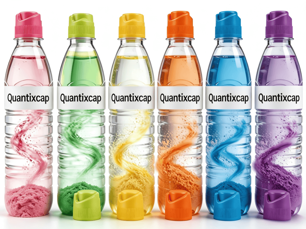 Colorful bottles of Quantixcap with different colored caps and swirling liquid inside, representing variety and vibrancy.
