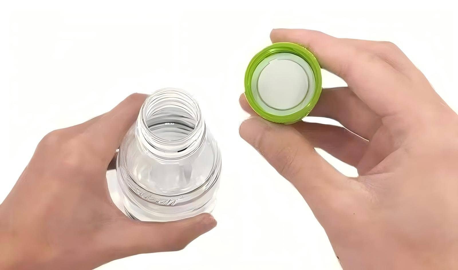 Hands holding a transparent reusable water bottle with a green lid, emphasizing sustainability and eco-conscious hydration.