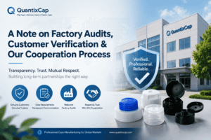 Image showing factory building with QuantixCap branding, emphasizing factory audits, customer verification, and cooperation process for quality assurance.