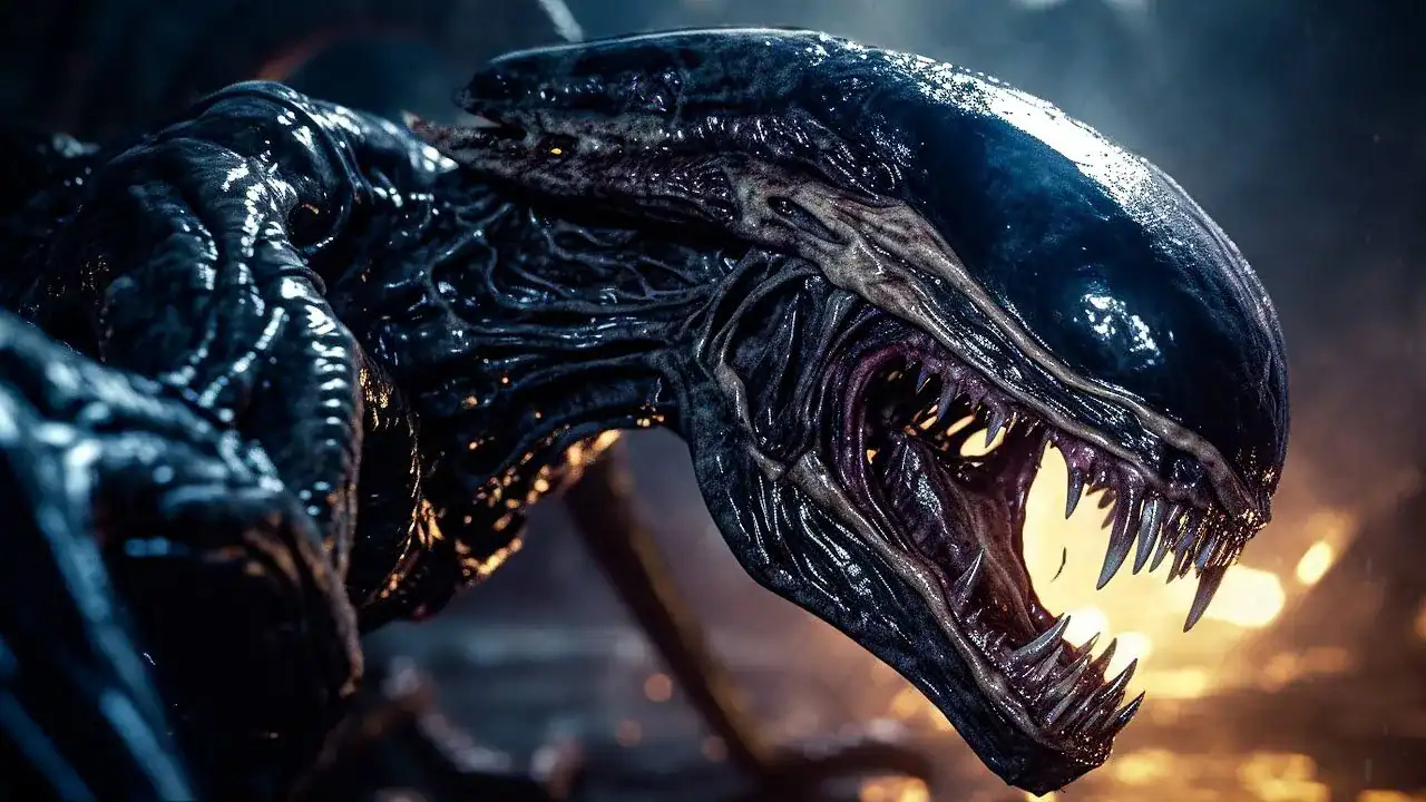 Alienígena de ciencia ficción con aspecto aterrador y dientes afilados en un entorno oscuro y misterioso.