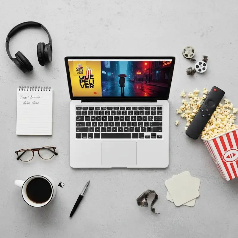 Escritorio de crítico de cine con estética Neo-Noir mostrando QuePeliVer Sessions para análisis rápidos.