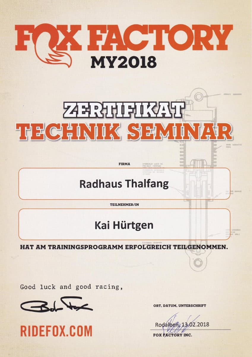 Radhaus Thalfang Fahrradgeschäft mit Zertifikat für Technik Seminar.