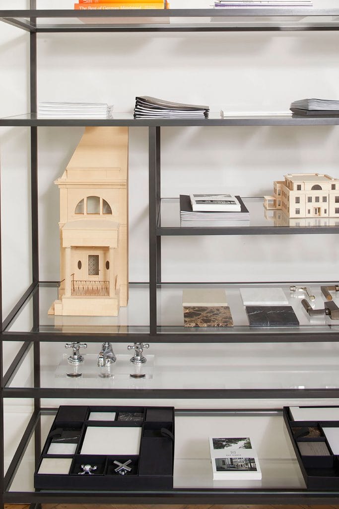 Shelf with material samples in the Berlin office