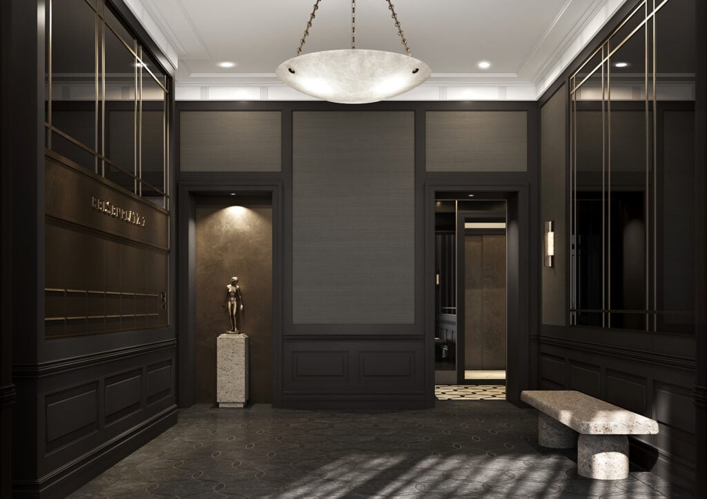 Am Belsenplatz Eingangshalle mit imposante Briefastenanlage
aus Baubronze, edle Wandtäfelungen, Schwarzglas,
ein raffiniertem Lichtkonzept
