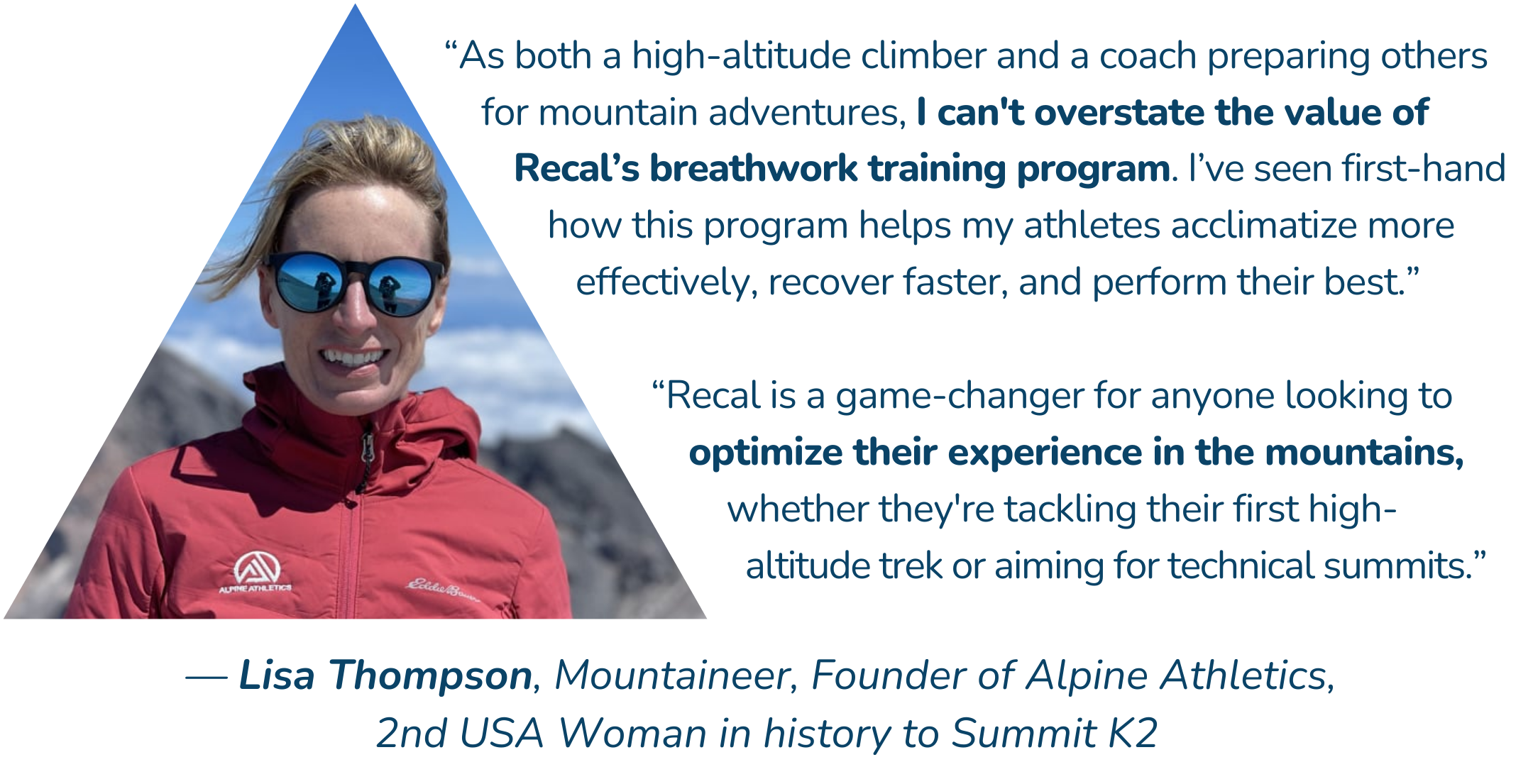 Climber woman in mountain gear smiling outdoors, promoting Recal Training for athletic performance enhancement.