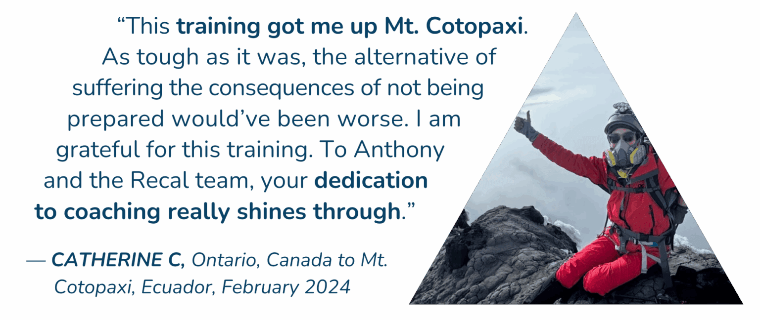 Mountaineer celebrating summit achievement on rocky terrain, climate adaptation training, empowerment, outdoor adventure, leadership skills, Ecuador, mountain rescue, high altitude expedition, outdoor training, Recal Training.