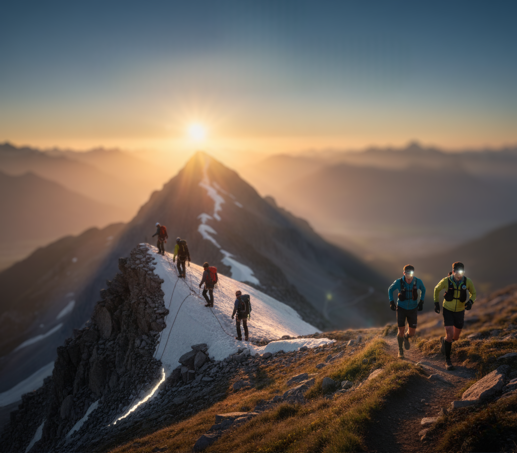 Two men with headlamps running up a mountain at sunset while four roped mountaineers are climbing a snowy ridge.