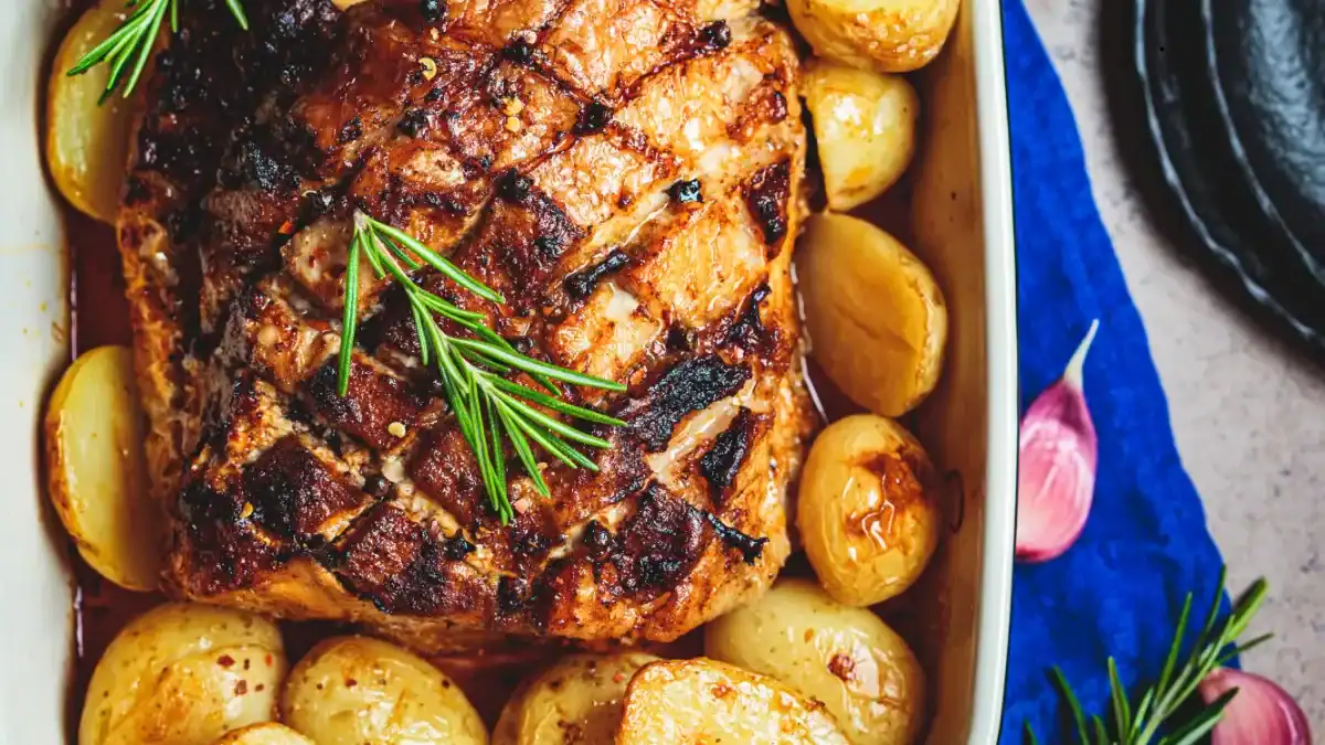 palette de porc au four dorée avec pommes de terre fondantes dans son plat