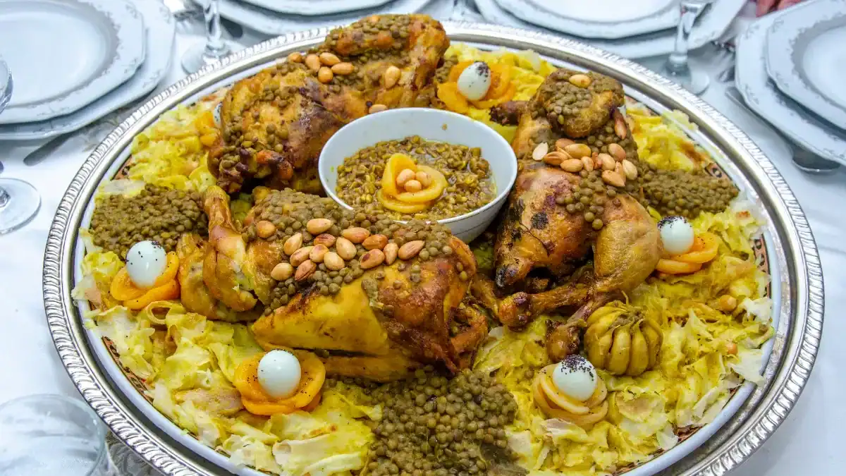 rfissa de poulet marocaine servie sur son lit de trid avec lentilles et oignons confits