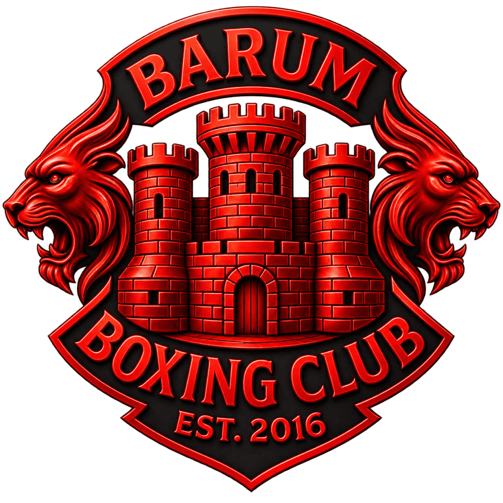 Boxing club emblem with castle and lion motifs, established 2016.