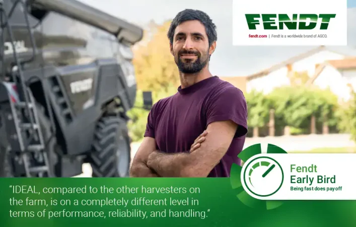 Fendt combine harvester working at sunset – Fendt Early Bird 2027 offer at Redlynch