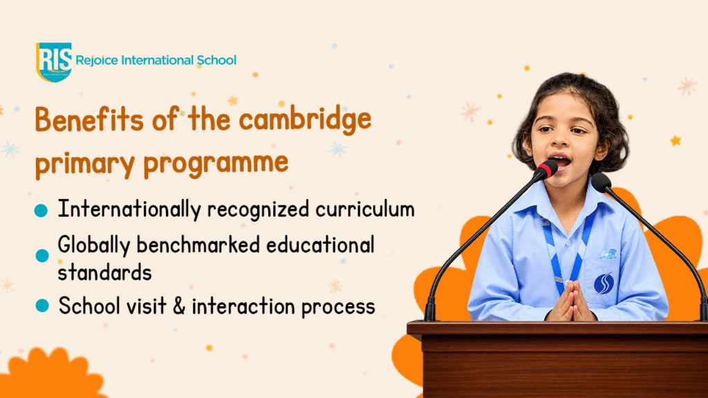 Child presenting at a podium as part of a Cambridge Primary Programme activity.