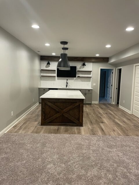 Modern white kitchen design with cabinets and island
