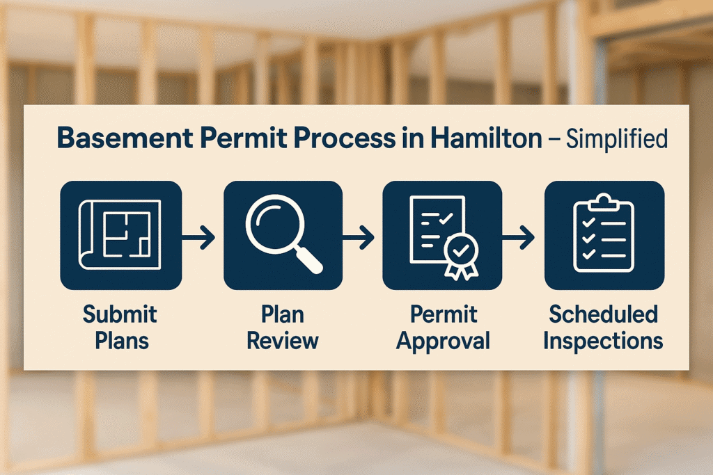 Blueprint and permit process for basement renovation in Hamilton.