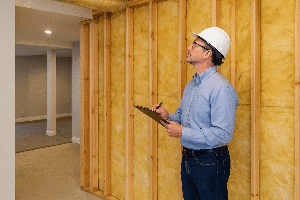 Insulation installation professional inspecting wall insulation for home renovation.