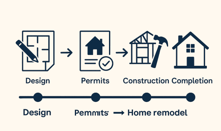 A timeline visualization of a home remodel: design → permits → construction → completion.