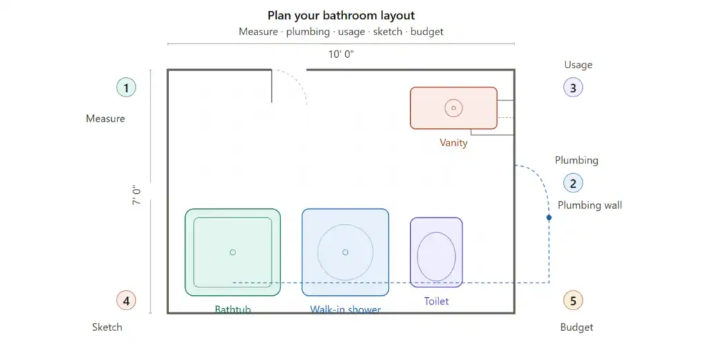 Step-by-step bathroom layout planning process with design and space optimization