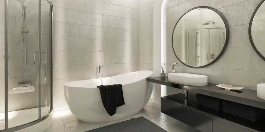 Master bathroom layout with double vanity and walk-in shower