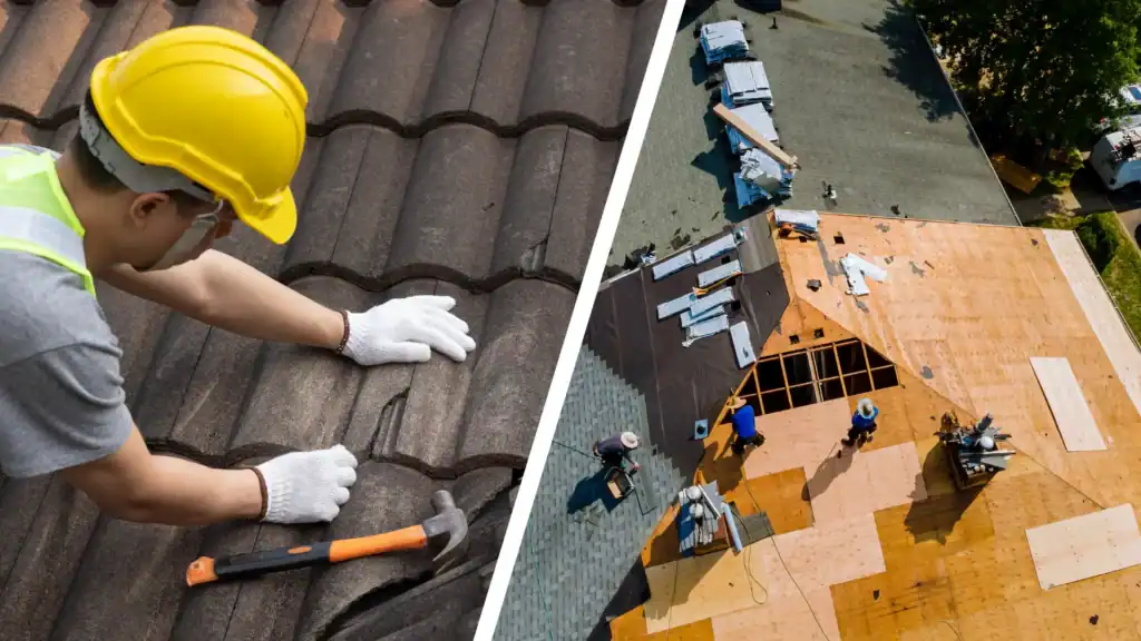 Contractor comparing roof repair and roof replacement options on a residential home