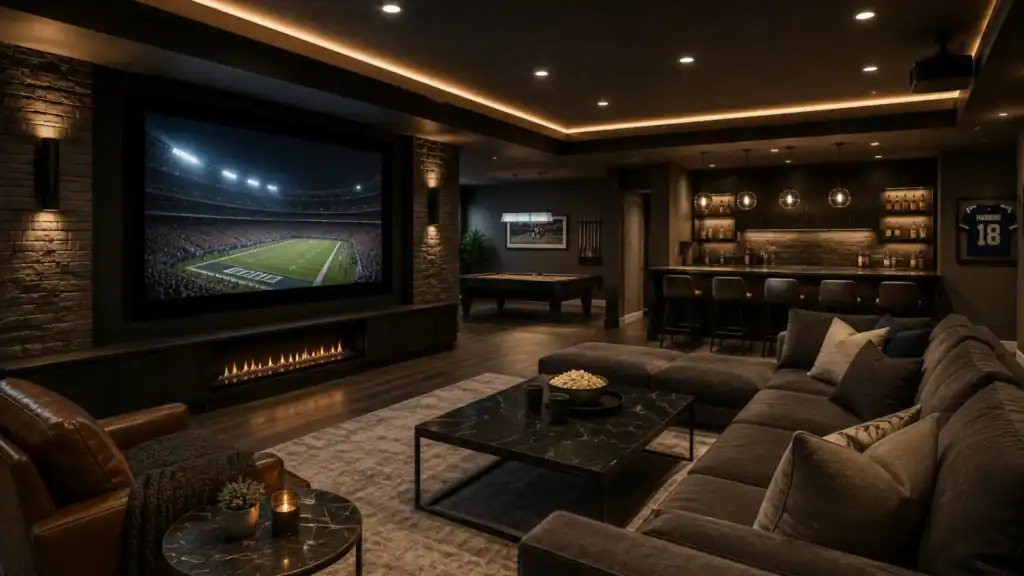 Luxury basement entertainment room with home theater, bar, fireplace, and modern seating design