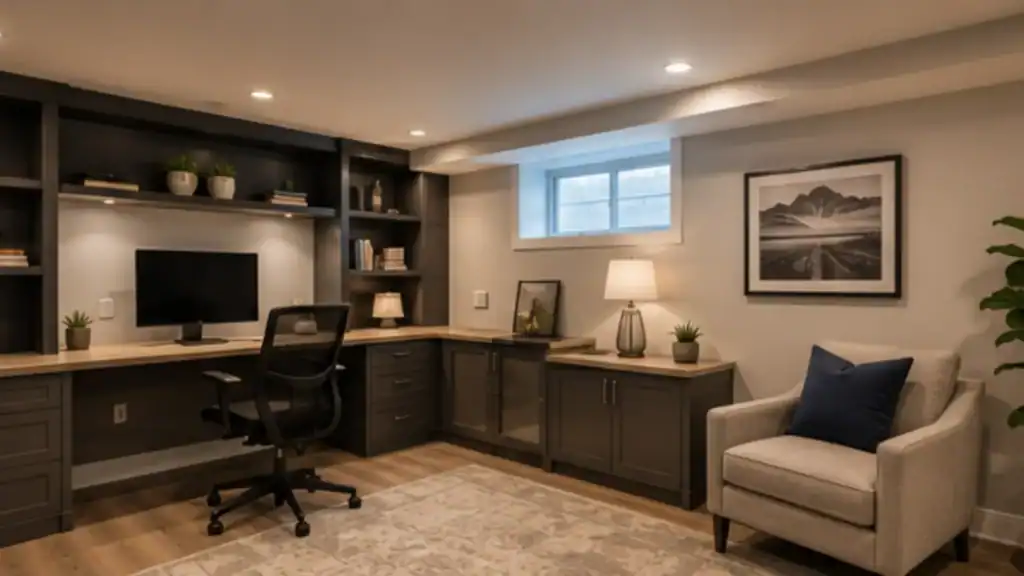 Modern basement home office with built-in shelves, layered lighting, and bright workspace design