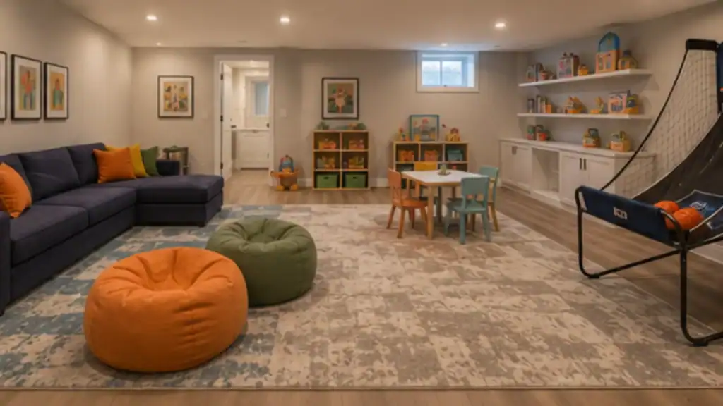 Modern basement playroom and teen hangout with gaming area and built-in storage