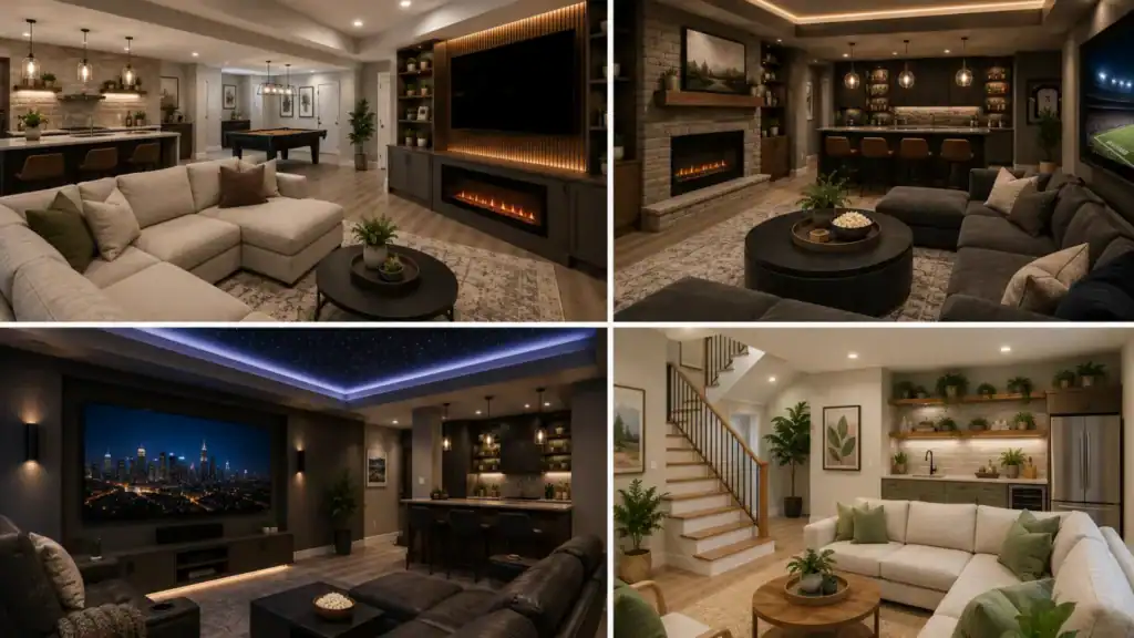 Modern open-concept basement remodel with smart lighting, natural finishes, and entertainment area