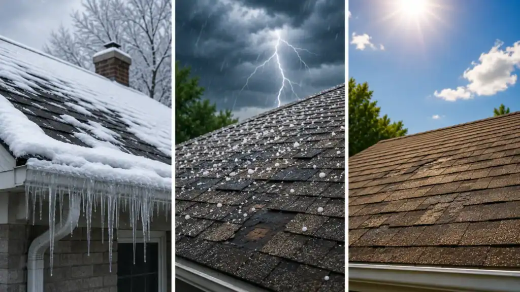 Indianapolis weather causing roof damage from snow, hail, wind, and heat
