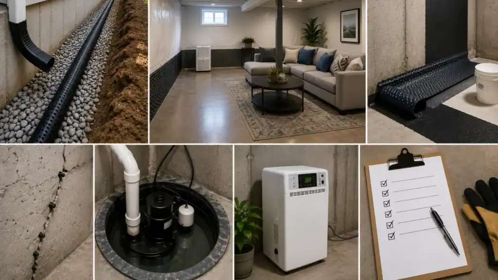 Basement waterproofing system with sump pump, drainage, and moisture protection design