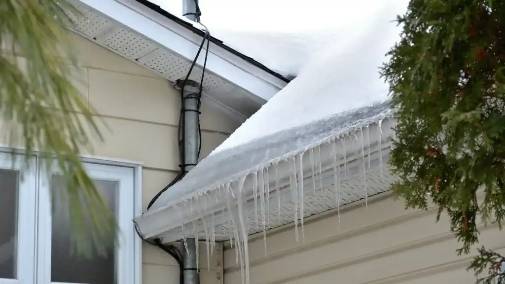 Ice dam forming along roof edge during winter weather