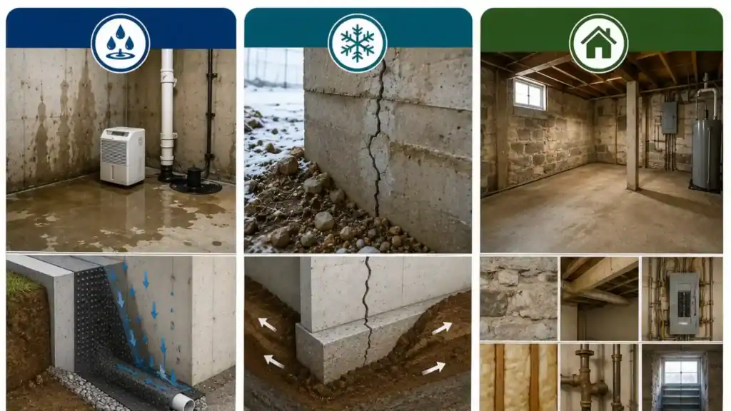 Basement inspection showing moisture, foundation, and aging home challenges