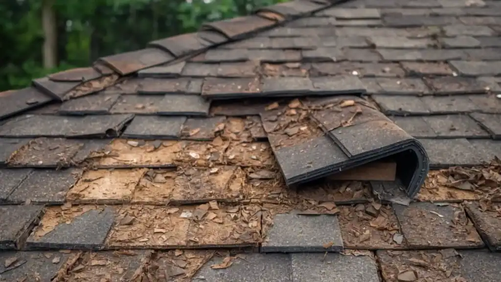Aging asphalt shingles showing cracks, curling, and granule loss