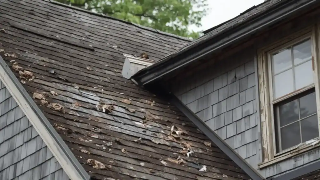 Contractor inspecting water-damaged roof decking and framing
